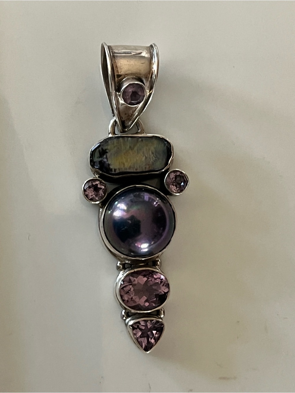 Sterling Silver 925 Purple Pearl and Amethyst Multi-Stone Pendant 2.5”